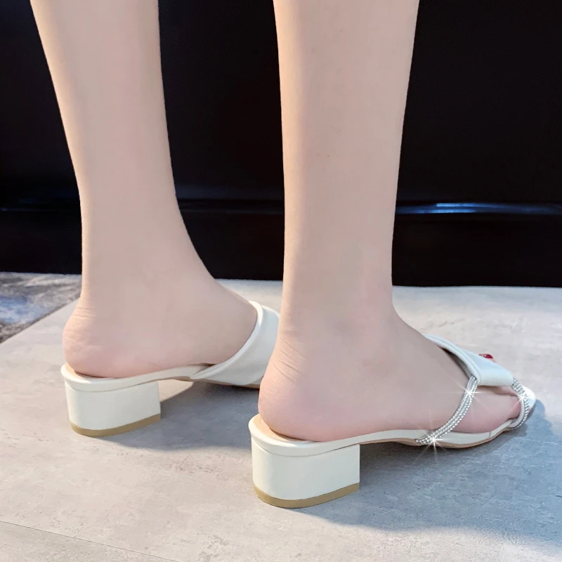 

Low Heels Slippers Women Square Open Toe House Slides Woman 2021 New Fashion Summer Shoes Womens Beige Slip-On Home Slipper