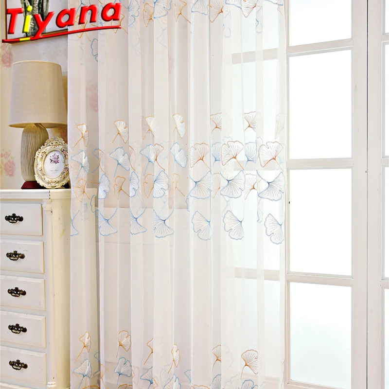 

Embroidery Ginkgo Leaf Sheer Curtain Tulle Window Sliding Door Treatment Leaves Drapes for Living Room Bedroom Custom#VT