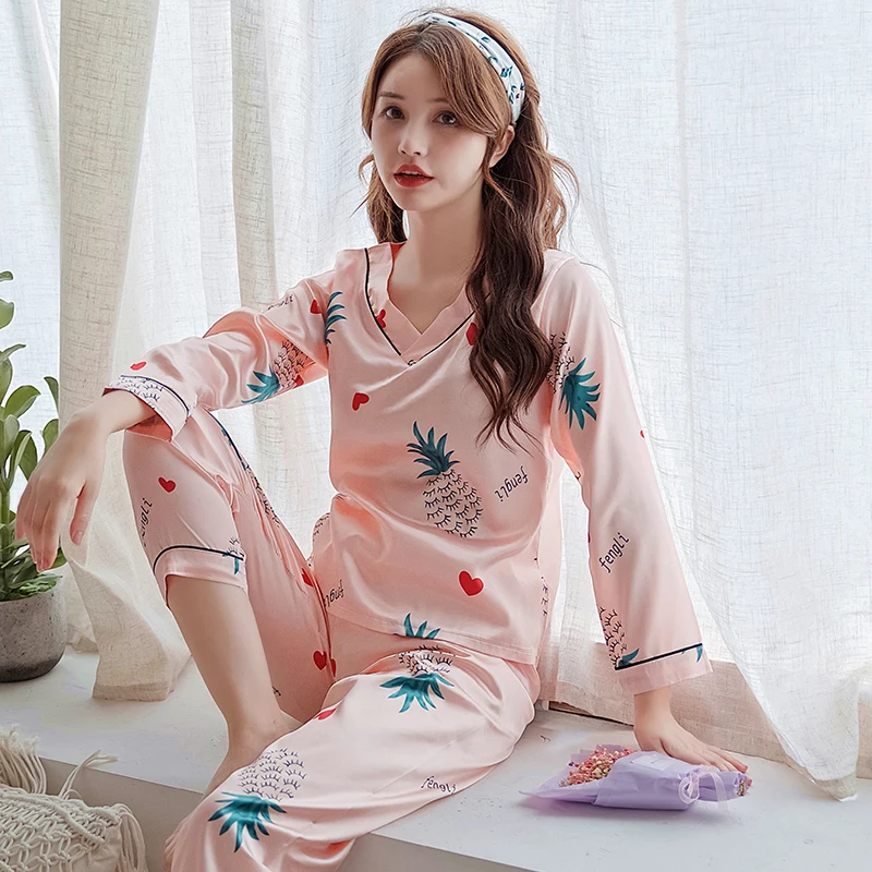 Шелковые пижамные комплекты с длинным рукавом для женщин весенне осенняя