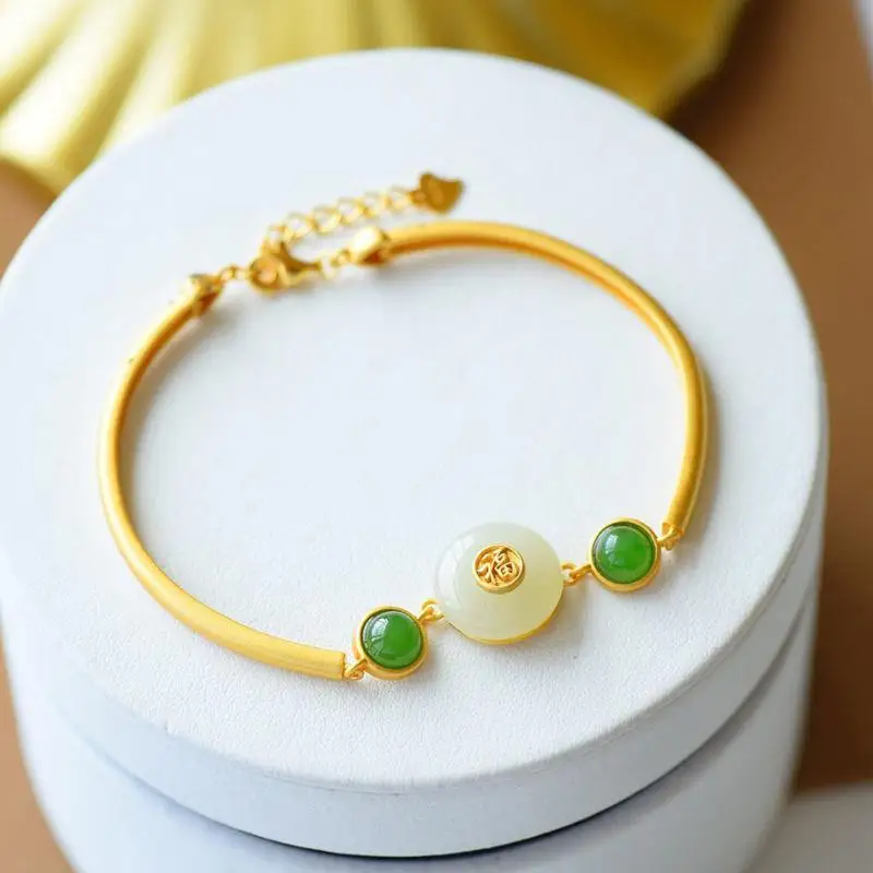 

Original Natural Hetian Jade Peace Buckle S925 Sterling Silver Bracelet Retro Female Chinese Style Court Fu Character Bracelet J