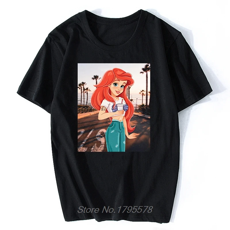 Футболка для мужчин и женщин милая рубашка принцессы Ариэль пить кофе в стиле