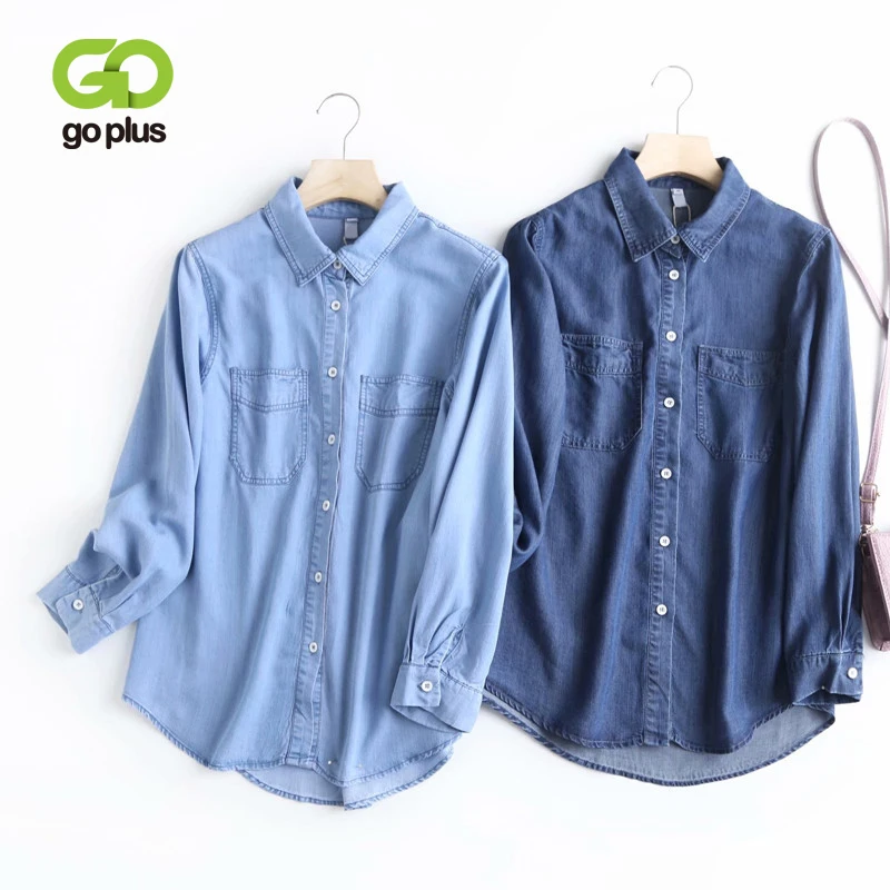 

GOPLUS Blouse Denim Tops Long Sleeve Shirt Plus Size Shirts Casual Blouses 2021 Fashion Et Chemises Haut Femme Blusen Damen