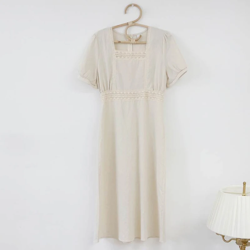 Женское винтажное платье макси из хлопка и льна однотонное средней длины с