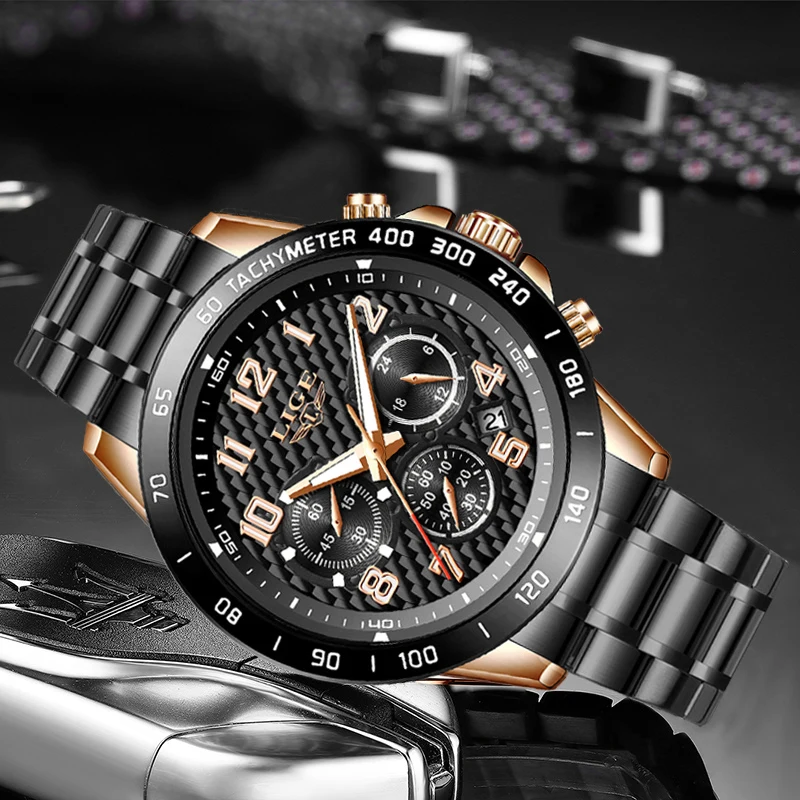 LIGE 2020 новые модные черные мужские часы лучший бренд роскошные спортивный