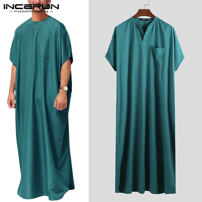 

INCERUN Jubba Thobe Men Islamic Arabic Kaftan Solid Short Sleeve Loose Retro Robes Abaya Middle East Muslim Clothing Plus Size 7