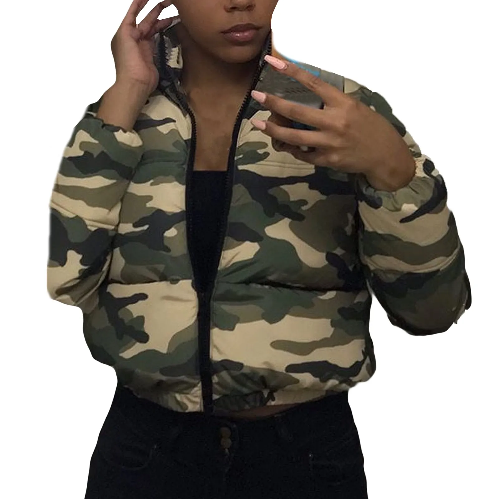 

Unisex Glossy Camouflage Bread Down Jacket Zipper Pockets Long Sleeve Coat Zipper Pockets Coat Short Length Casual Women Coat