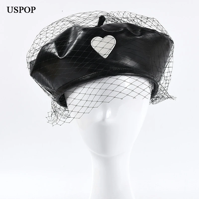 

USPOP Women beret winter hat vintage mesh PU heart embroidery berets