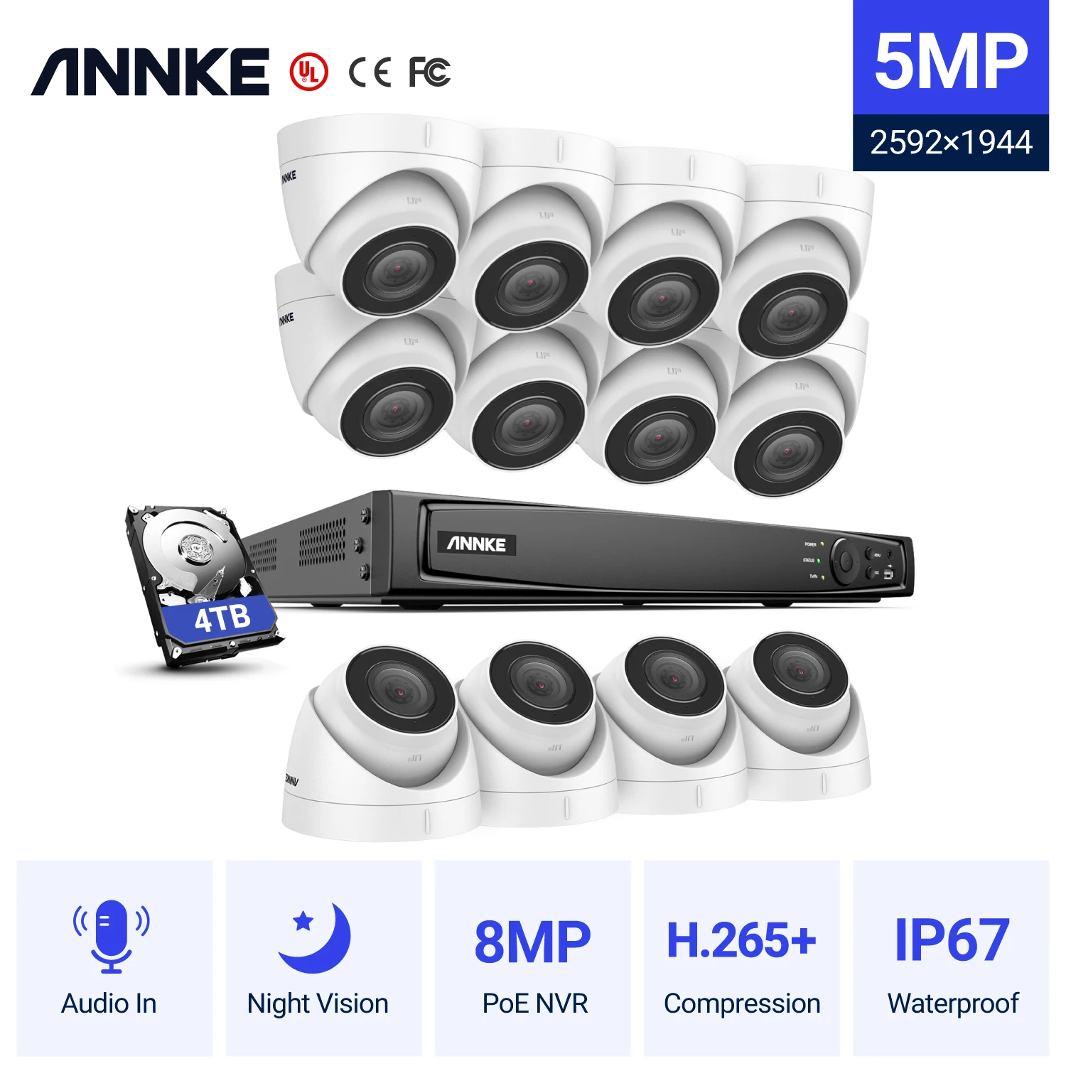 

Система видеонаблюдения ANNKE, 5 МП, H.265 + 16 каналов, Super HD, POE