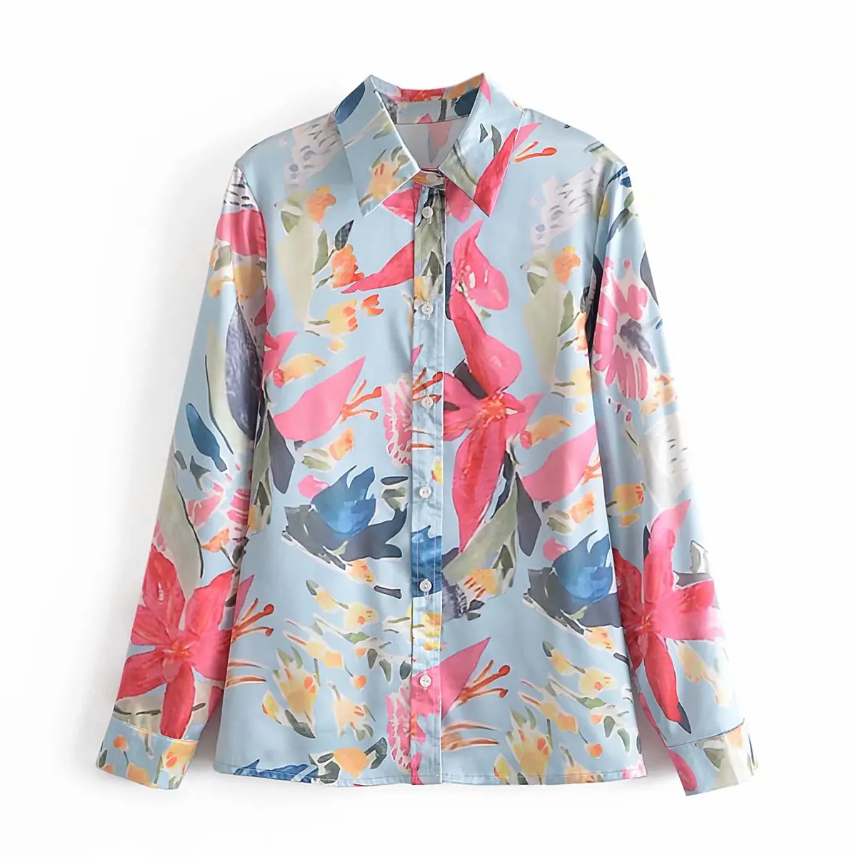 

Women Fashion Ink Floral Print Single Breasted Smock Blouse Office Ladies Casual Business Shirts Chic Chemise Tops