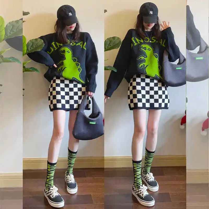 Женский костюм осень/зима новый стиль вязаный свитер с принтом свободная куртка +