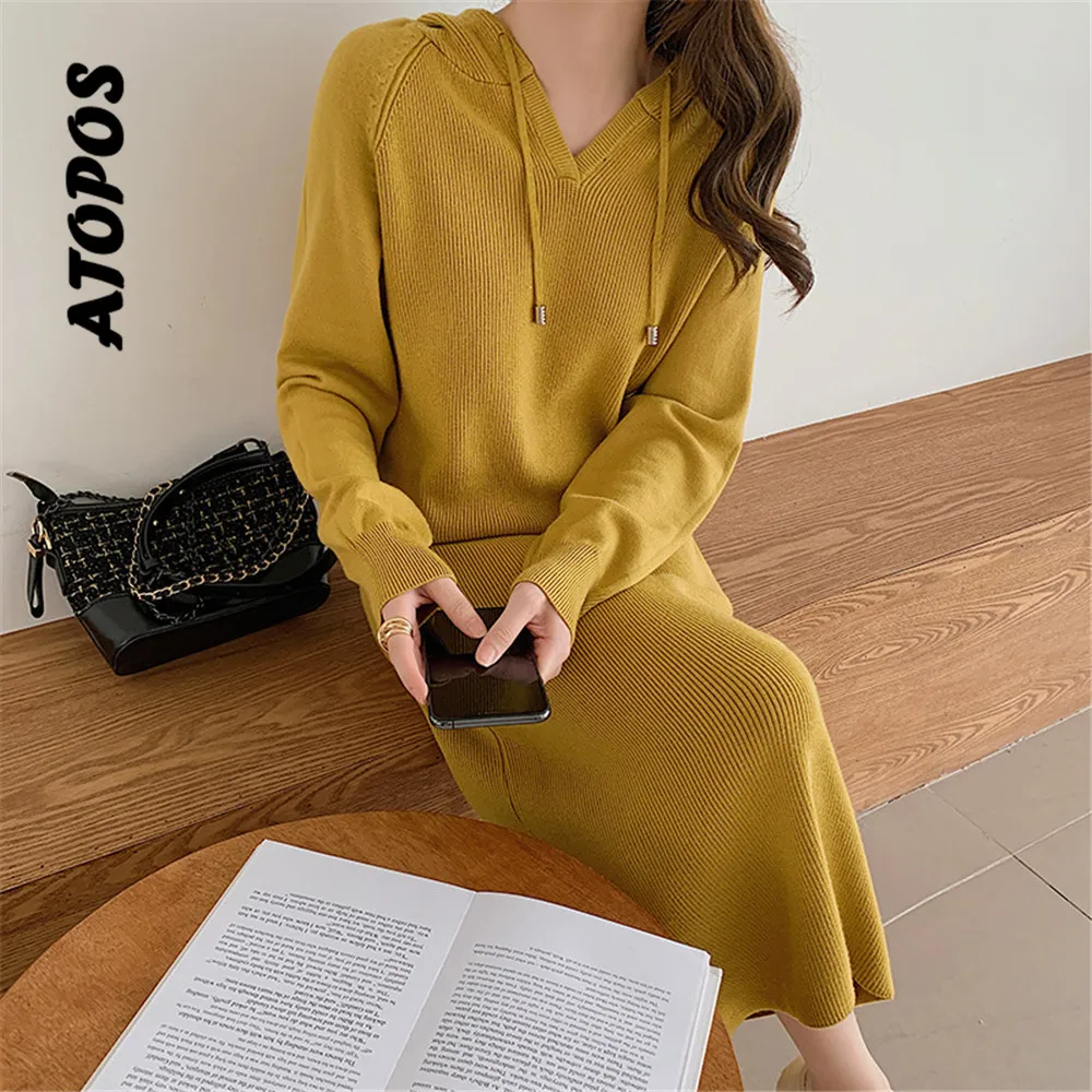 

Atopos Autumn Winter Women Hooded Knitted Dress Korean Fashion Loose Sweater Dresses Long Sleeve Casual Vestidos Female Clothes