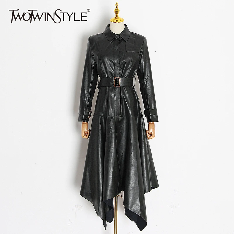 

TWOTWINSTYLE Temperament PU Leather Windbreaker For Women Lapel Long Sleeve High Waist Sashes Casual Windbreakers Female Fashion