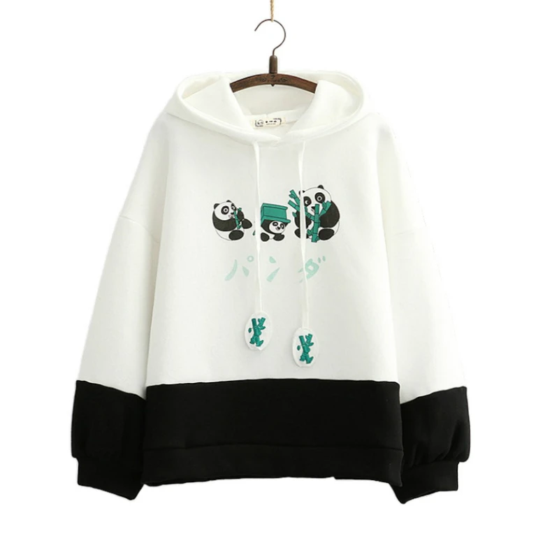 

Fleece Women Cartoon Panda Print Cute Hooded Sweatshirts Casual Long Sleeve Hoodies Sweet Style Teen Girls Cute Kawaii Warm Tops