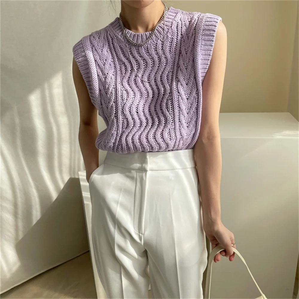 

동대문 Twisted Knitwear Pullover Sweaters Vest Harajuku Vintage Sleeveless All Match Stylish Slim Women Solid Chic OL Tops