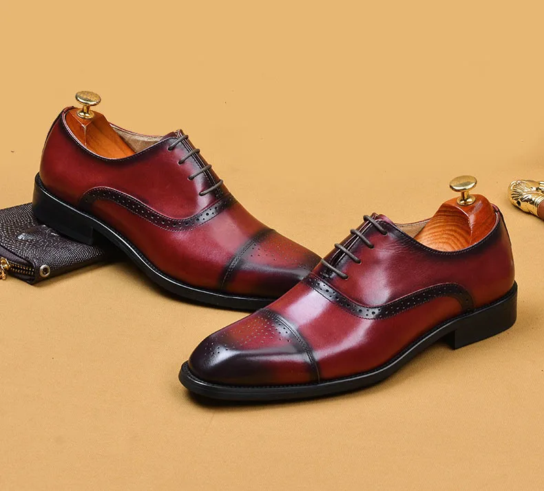 Мужские деловые туфли из натуральной кожи винно-красные | Обувь