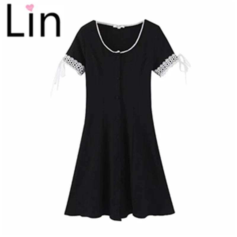 Тонкое Платье с круглым вырезом черное платье Прямая доставка платья пуговицами