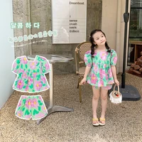 childrens clothing cross border new product girls big flower doll shirt plus short two piece cute suit