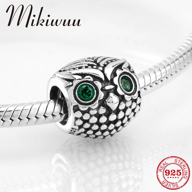 925 стерлингового серебра Сова Очарование модные бусы с зелеными CZ глазами