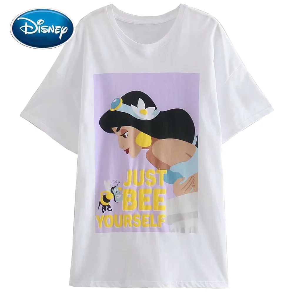 

Disney T-Shirt Harajuku Aladdin JASMINE Princess Cartoon Print Short Sleeve Chic Fashion Women O-Neck Pullover Tee Tops White