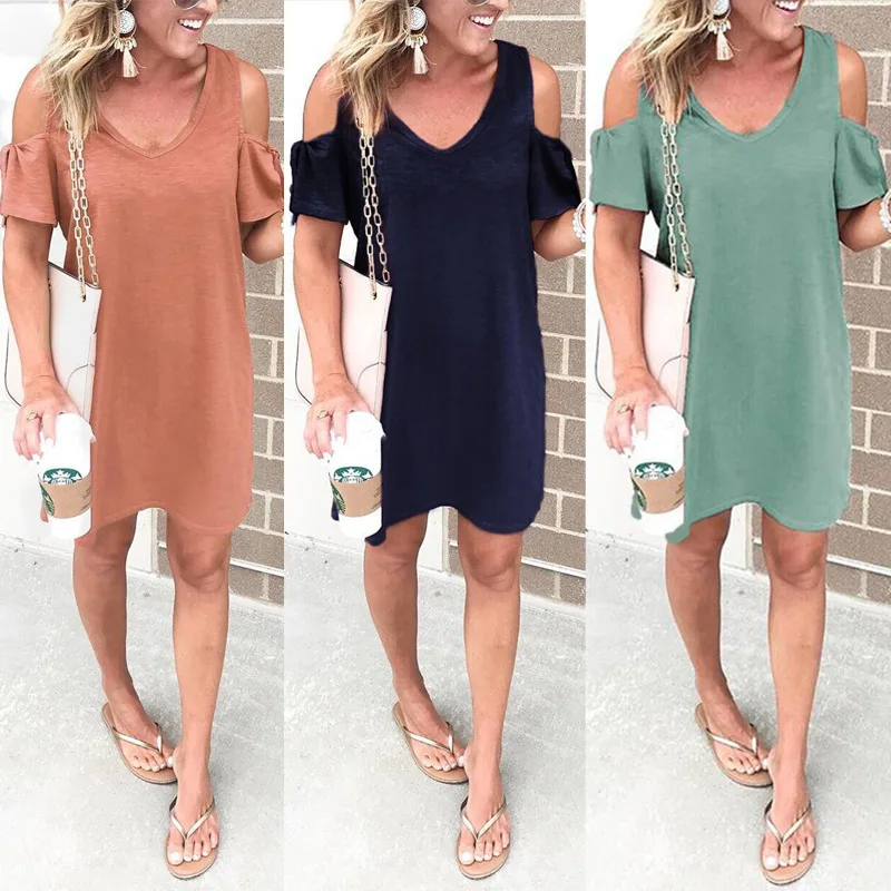 

Мини-платье женское однотонное с коротким рукавом, открытыми плечами и круглым вырезом