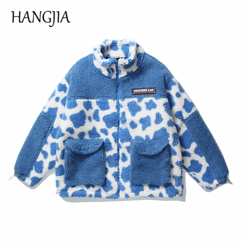 

Шерпа флисовая карго-куртка, пальто для мужчин, Коровья пятна, цветные блоки, кашемировая куртка, верхняя одежда, ворсистые карманы, Толстая ...