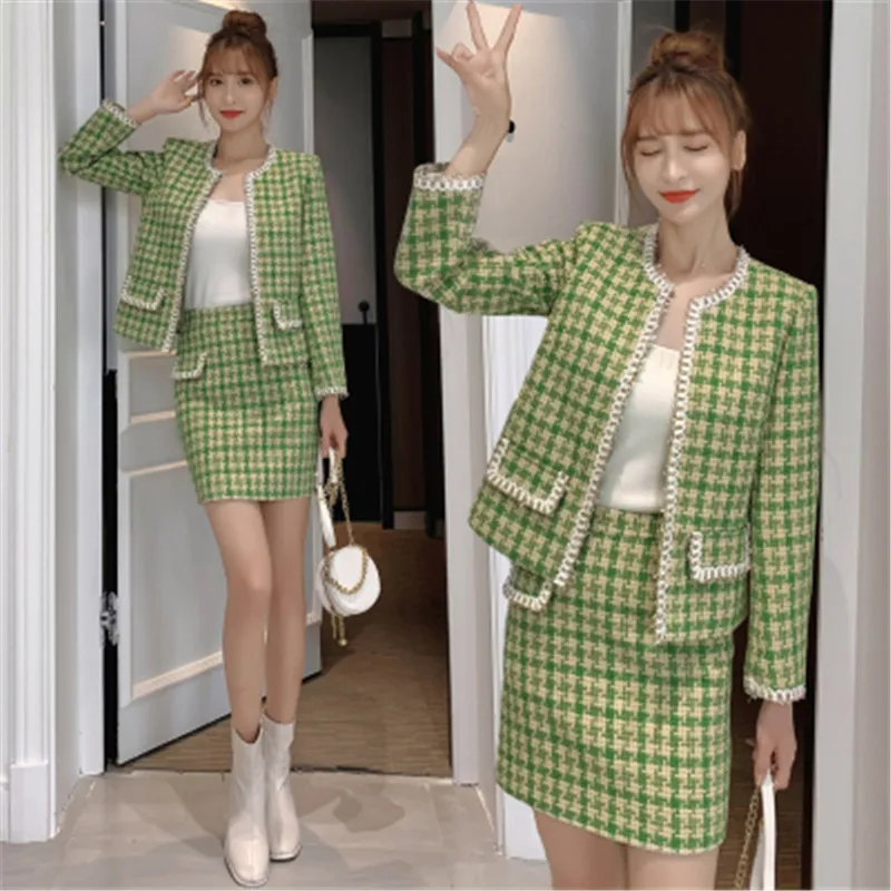 

CBAFU Houndstooth Plaid Long Sleeve Tweed Jackets + High Waist Mini Pencil Skirts Set Office Lady Two Piece Set Elegant F741