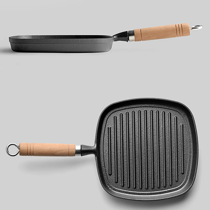 

Grill frying pan square shape non-stick pan baking steak Cast Iron Skillet with Wooden Handle 28cm kitchen cooking tool