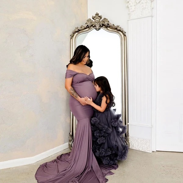 

Off The Shoulder Stretchy Spandex Maternity Women Dresses With Train V-Neck Wrap Sleeves Long Mermaid Dress Custom Made