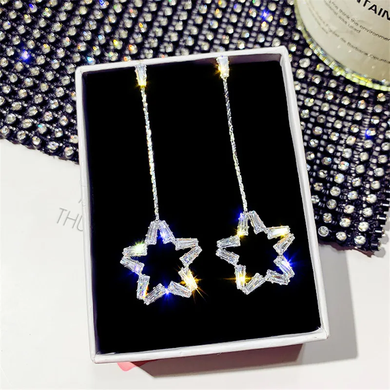 Милые женские серьги-капли со звездами и Цирконом серебряного цвета длинные