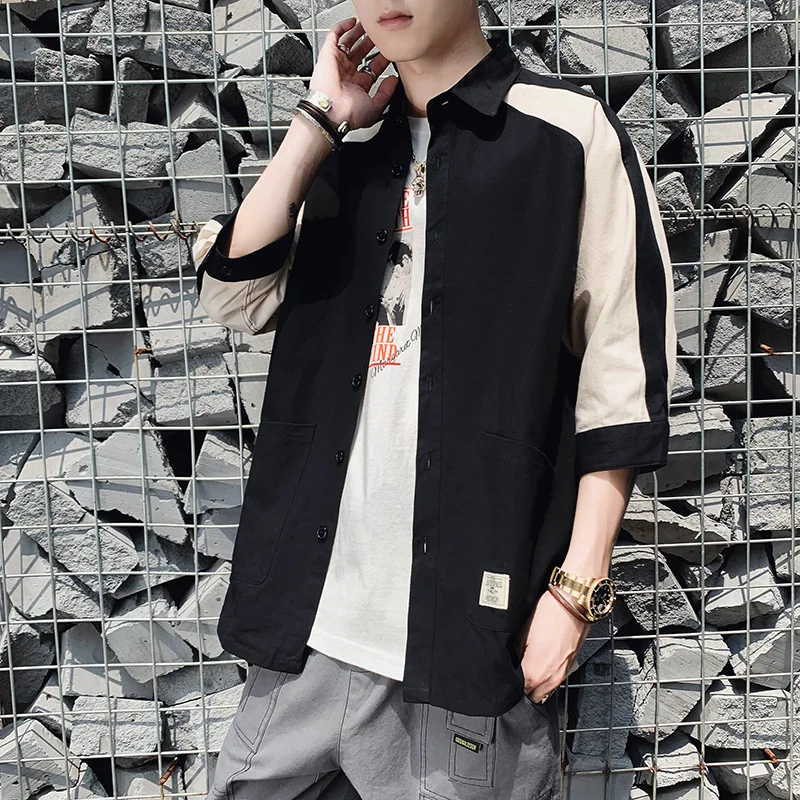 

2021 new short sleeve shirt men's Korean Quarter Sleeve Shirt summer cool loose tooling casual coat fashion
