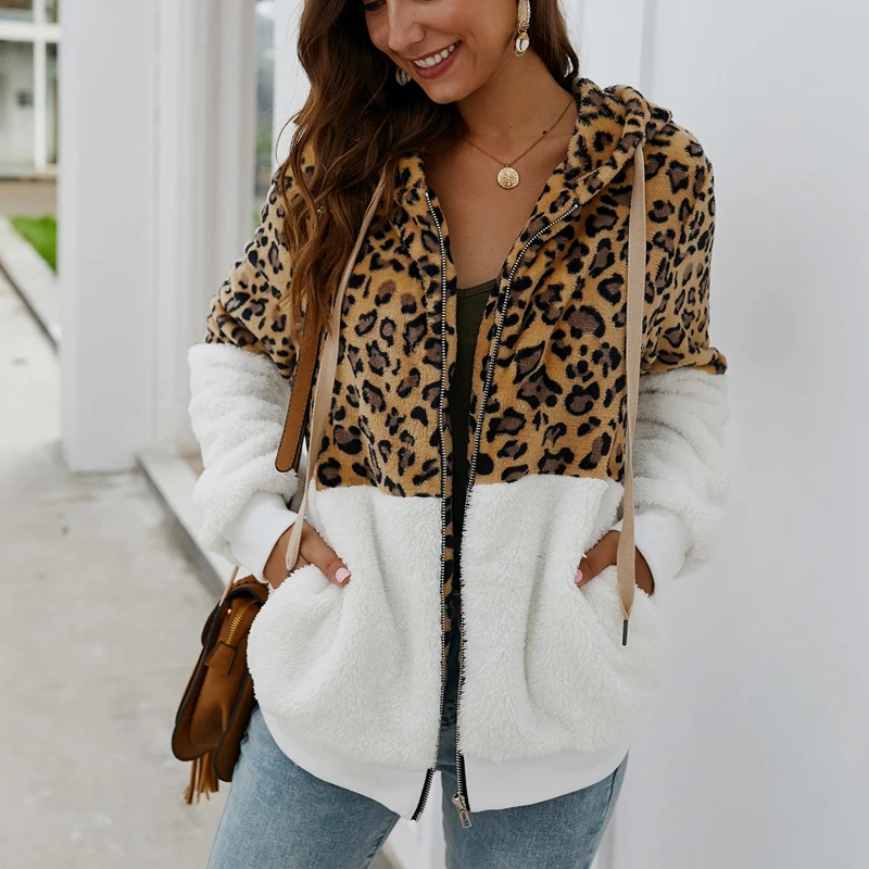 Белый Леопардовые толстовки с капюшоном, толстовки на молнии с длинными рукавами, теплая верхняя одежда, повседневные топы, осенне-зимние модные пальто, уличная одежда, S-XL - Цвет: Белый