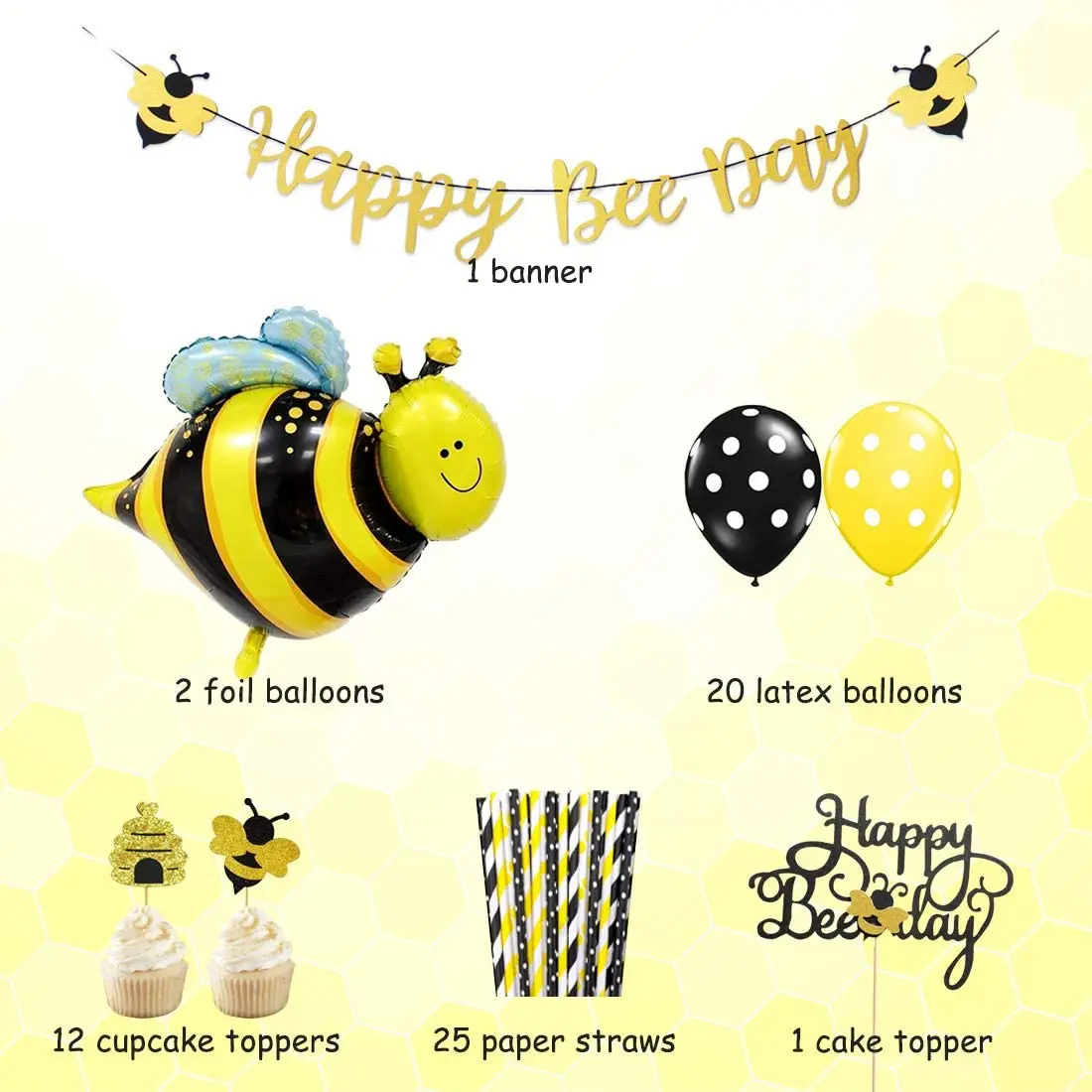 

Bee Theme Birthday Decoration Bee Foil Balloon Latex Balloon Banner Paper Straws Cake Topper for Birthday Baby Shower Supplies