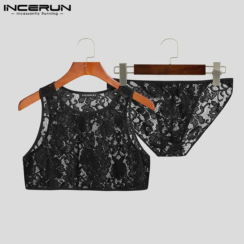

Fashion Mens Fashionable Sets Comfortable Homewear Sexy Leisure Breathable Mesh Short Lace Vests Briefs Suits S-5XL 2021 INCERUN
