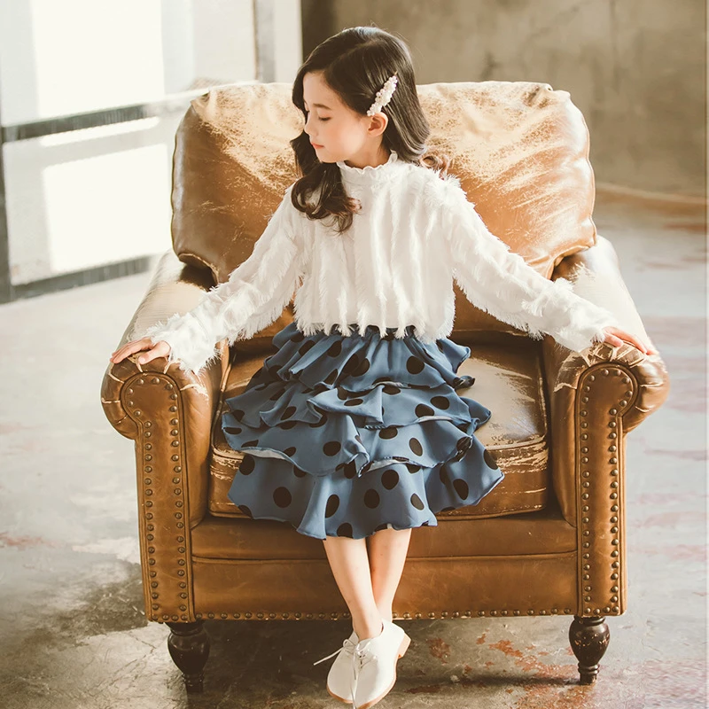 Модная детская одежда топ с бахромой для девочек рубашка + юбка в горошек
