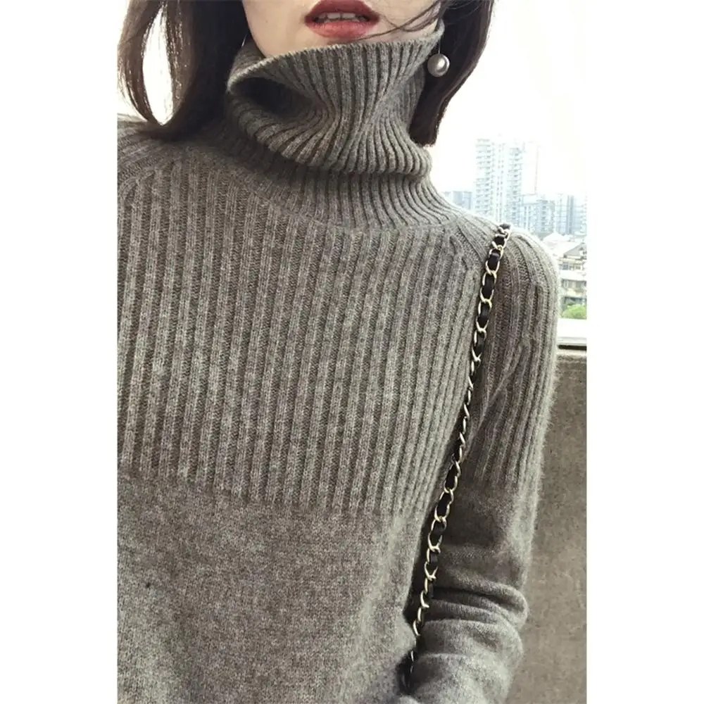 

Sweater Ladies Turtleneck Pullover Solid Stretch Stripes Korean Version Plus Size 2020 Fall Winter Camel Beige Khaki