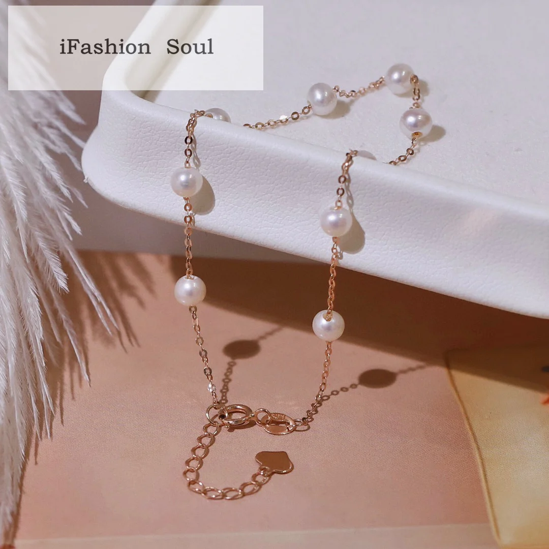 

18K Solid Yellow Gold (AU750) Women Natural Freshwater Pearl Earrings Bracelet Necklace Suit Exquisite Fashion Lady Jewelry Girl