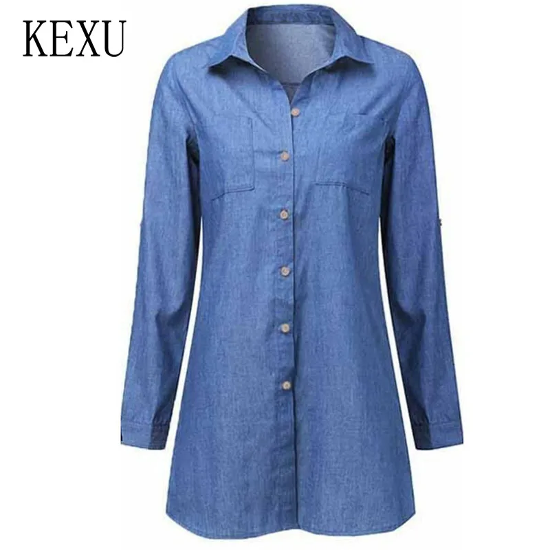 

KEXU Women Shirt Denim Dress Long Sleeve Casual Office with Pocket Button Up Turn-down Collar Ladies Party Mini Dress