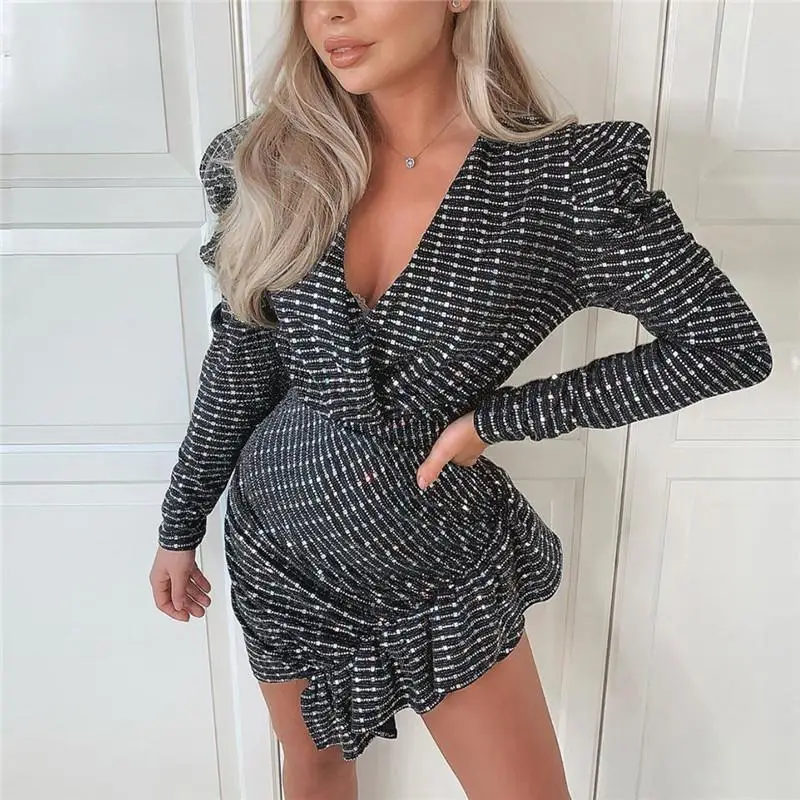 Сексуальное платье с пышными рукавами и рюшами блестками для вечеринки женское