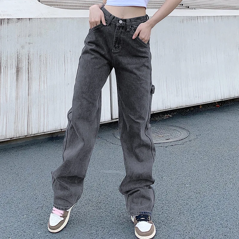 Женские повседневные джинсы Y2K, Модные свободные уличные однотонные джинсы, узкие прямые брюки с высокой талией, трендовые женские джинсовы...