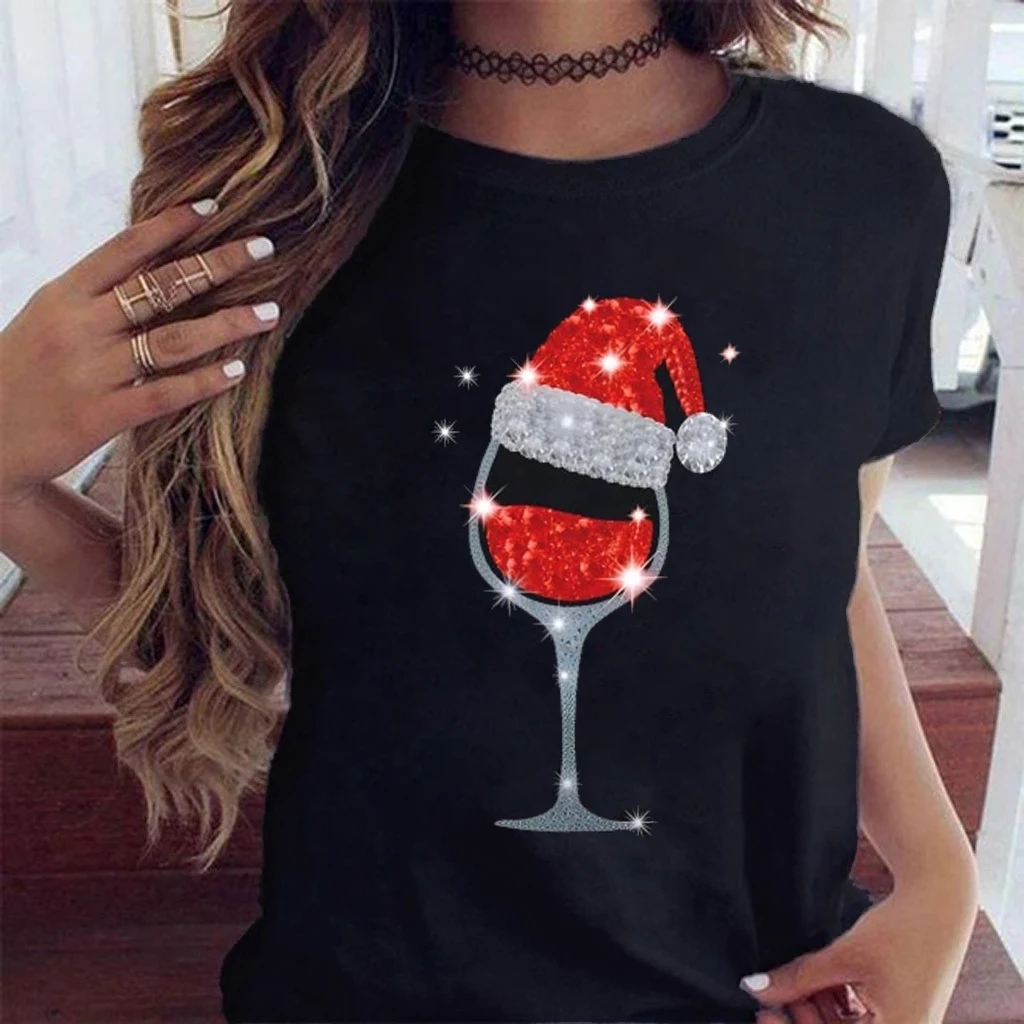 

WVIOCE New Arrival Christmas Wine Glass Printed Black Short Sleeve Female Loose Short Sleeve Top Fun Women Christmas Gift 33269