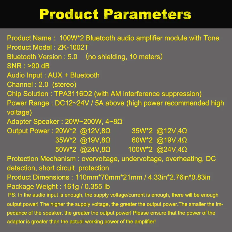 ZK-1002T TPA3116D2 Bluetooth 5.0 Subwoofer Amplifier Board 2X100W 2.0 Channel High Power o Stereo | Электроника