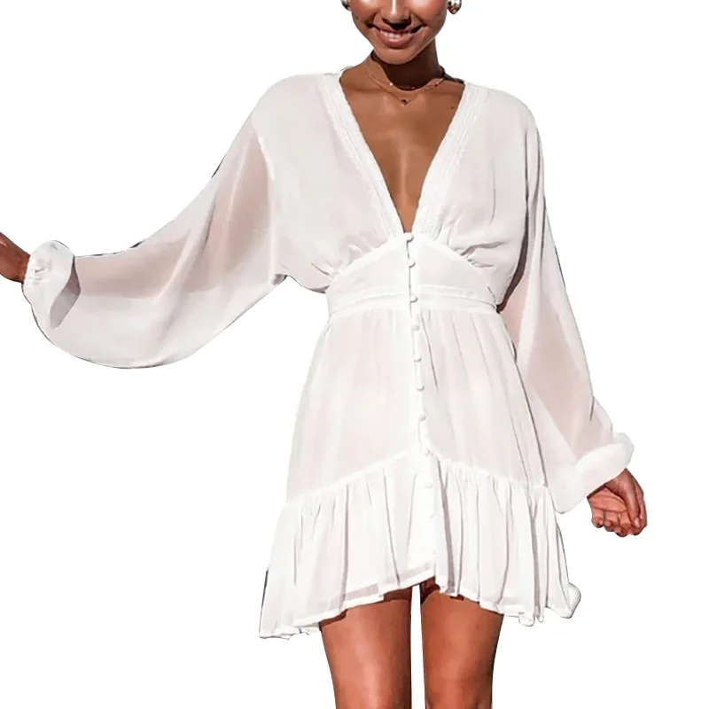 

Женское шифоновое платье-миди с длинным рукавом-фонариком и V-образным вырезом