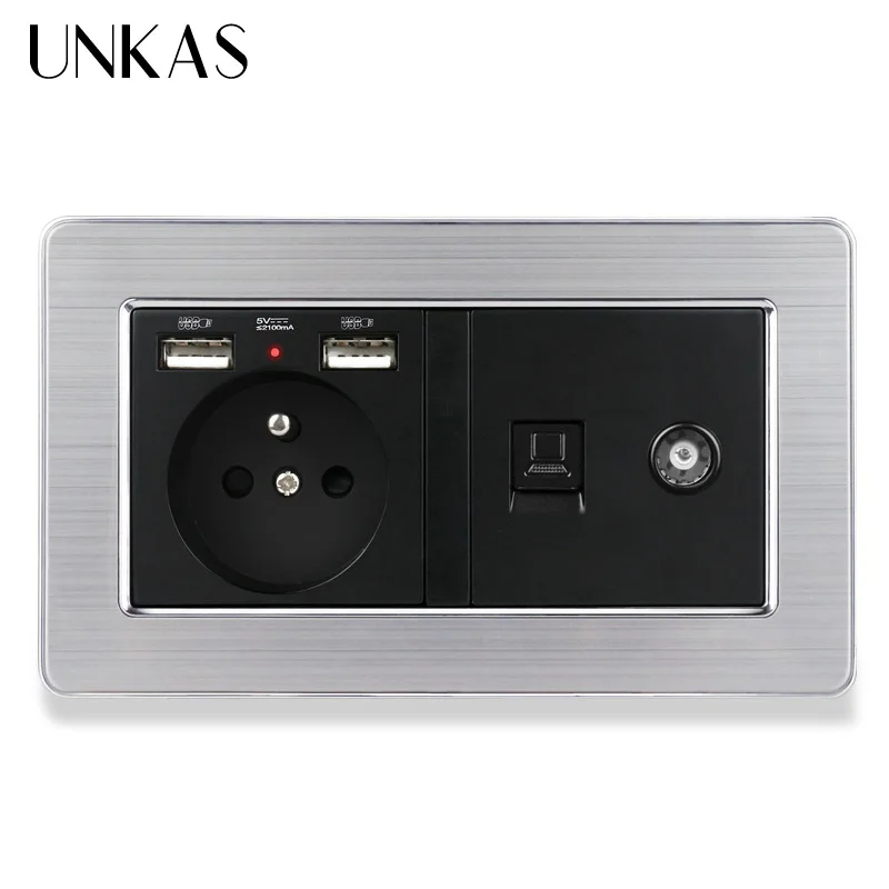 Панельная французская розетка UNKAS из нержавеющей стали с двойным USB портом