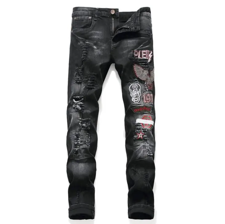 Frayed appliqué embroidery jeans mens eagle embroidery pantalon homme feet elastic autumn and winter new washed jeans