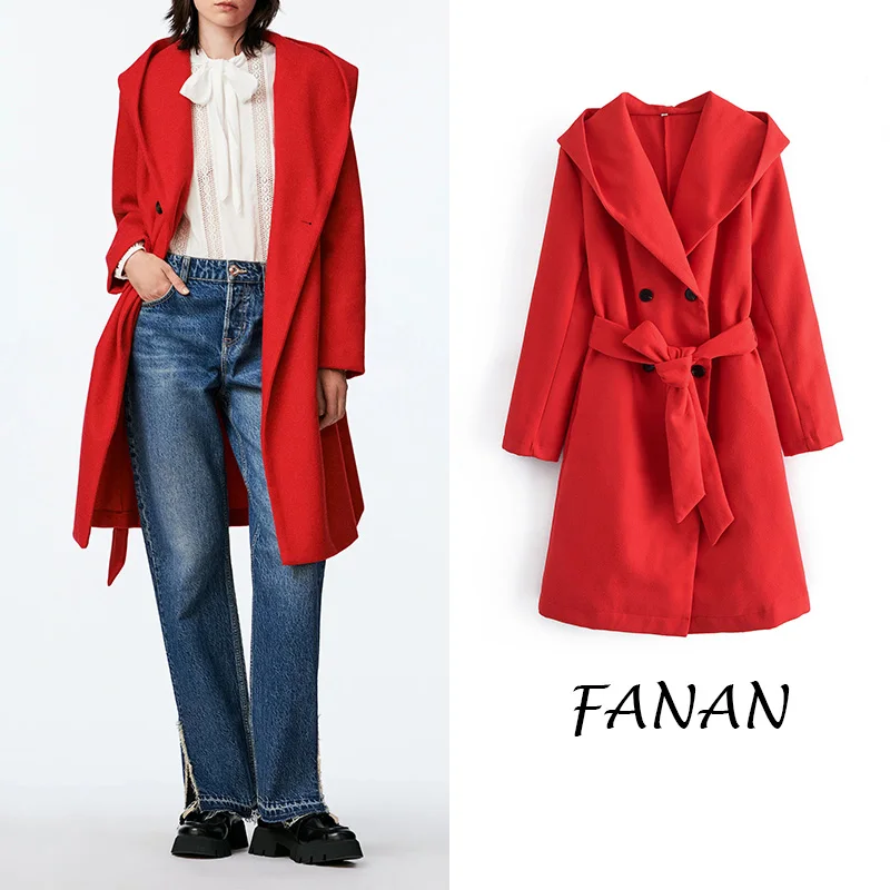 

2021 Korea Autumn And Winter New Hoodied Long Sleeve Woolen Overcoat Za Women Lacing Belt Red Double Sided Wool Coat Jacket