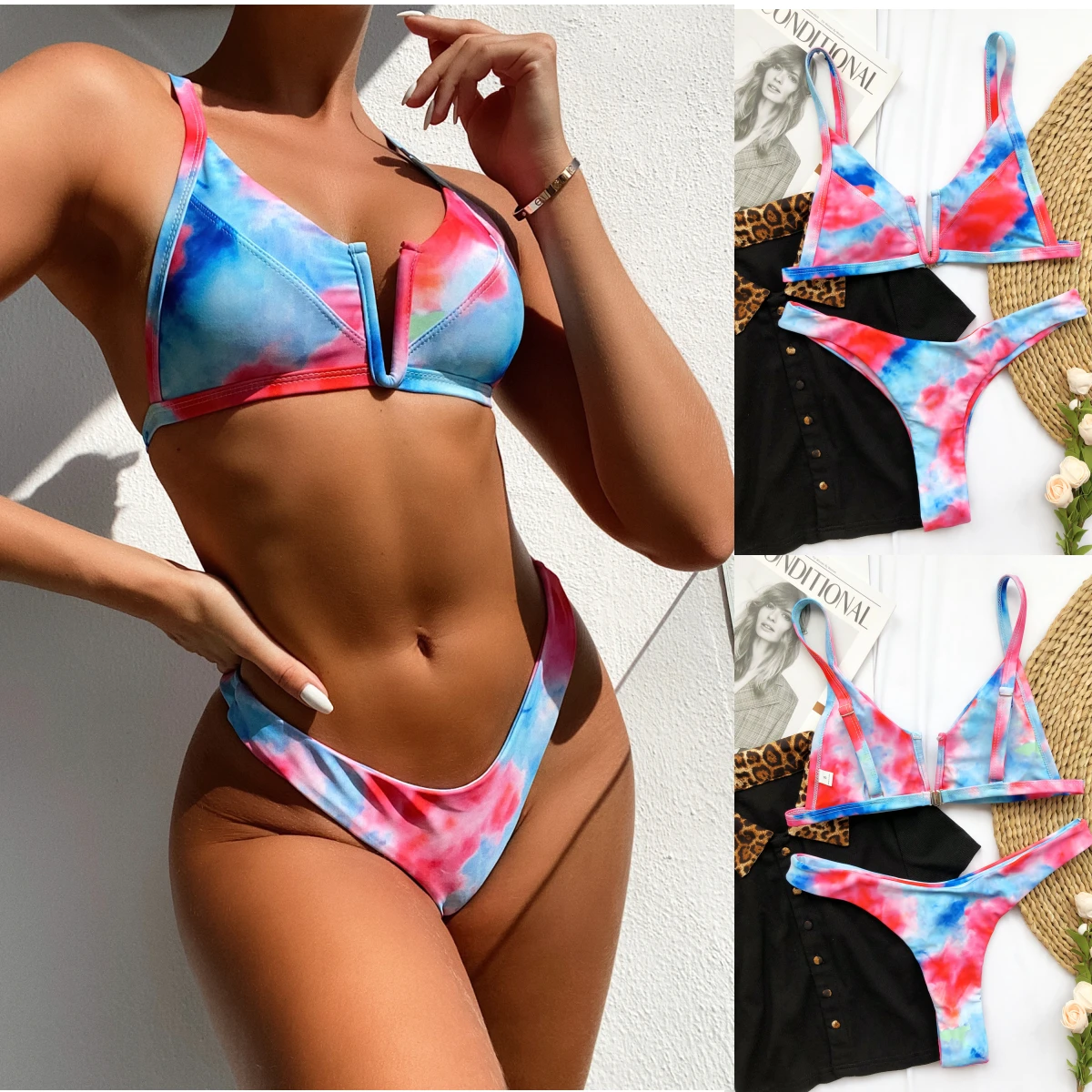 

Sexy Micro Bikini 2020 Women Tie Dye Push Up Padded Thong Swimsuit Female Cut Out Bathing Suit Swimwear Trajes De Bano