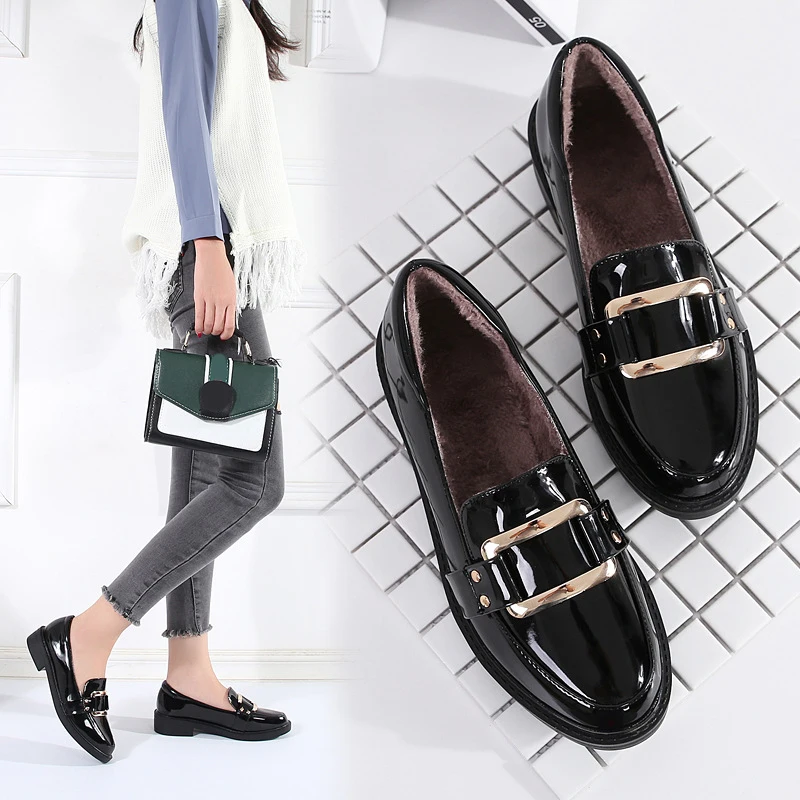 Туфли оксфорды в британском стиле женские плюшевые меховые зимние криперы с