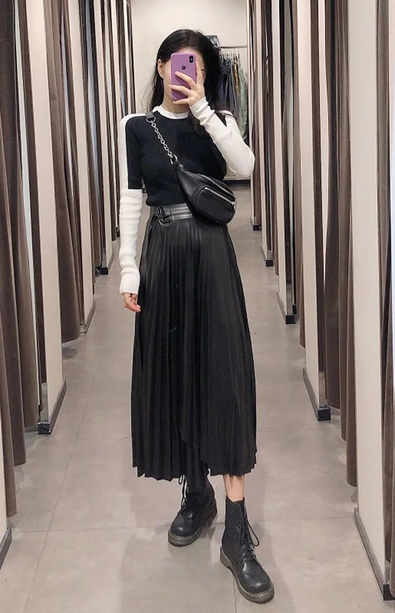 Fashion Pleated Skirt for Women Women Dance Clothing Ball Gown Black Faux Leather Faldas Mujer Moda Moda Mujer Mid-Calf Za