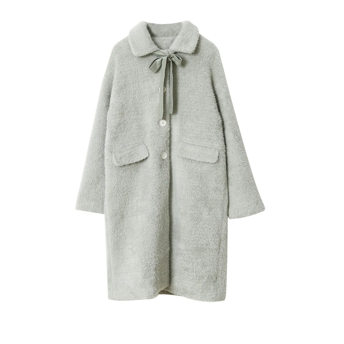 

2020 Fashion Turn Collar With Bowtie Long Sleeve Furry Winter High Quality Women Thick Beige Coat Casaco Feminino