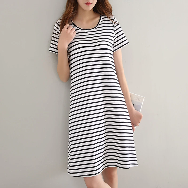 Plus Size Night Dress For Women Short-Sleeved Striped Nightgown Modal Cotton Loose Soft Nightwear Tops Women's Leisure Sleepwear